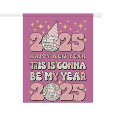 a pink banner with the words 205 happy new year and a disco ball on it