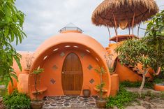 an orange building with a wooden door surrounded by plants