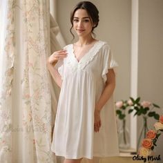 Olivia Mark - Cotton Short-Sleeve Peter Pan Collar Princess Sleepwear, Loose-Fitting and Adorable Palace-style Nightgown for a Sweet and Charming Homewear Experience Night Gowns For Women, Princess Sleepwear, Sleeping Gown, Night Gowns, Cute Sleepwear, Cotton Nightgown, Cotton Sleepwear, Sleep Dress, Inspired Dress