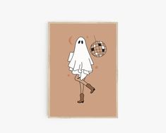 a card with an image of a ghost holding a disco ball in it's hand