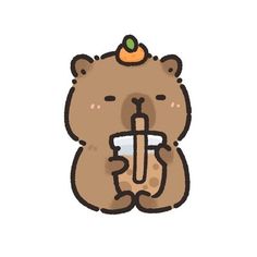 a brown bear holding a glass with something in it's mouth