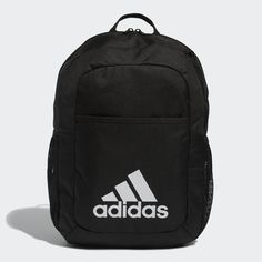 a black adidas backpack with white logo on the front and back side, it is shown