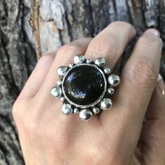 Sterling Statement black obsidian sunburst ring Unique Black Ring With Oxidized Finish, Unique Black Oxidized Finish Ring, Nickel-free Black Bohemian Rings, Sunburst Ring, Silver Obsidian, Heirloom Rings, Obsidian Ring, Ring Shank, Fancy Earrings