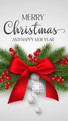 merry christmas and happy new year greeting card with red bow, bells and fir branches