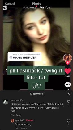 a woman's profile on her phone with the text, whats the filter?