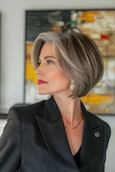 Elegant professional woman with a sleek silver bob hairstyle for the office. Medium Layered Bob Haircuts, Haircut Gray Hair, Layered Bob Haircuts, Mom Hairstyles, Bob Haircuts For Women, Short Bob Haircuts, Short Hair Haircuts