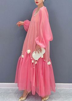 Natural Pink V Neck Tulle Patchwork Silk Velour Maxi Dress Long SleeveFabric: Silk Velour BlendedSize & Fit:Fit: This garment fits true to size.Length: Size XL measures 46.02" from shoulder to hem.Bust: Great for any cup size. Waist: Loose Fit. Comfortable room throughout midsection.Hip: Loose Fit - room for hips.Hand Wash Cold. Fitted Silk Dress, Inspiration Dress, Maxi Dress Designs Ideas, Tulle Dresses, Tulle Maxi Dress, Dress Closet, Loose Dress