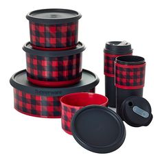 thermos are stacked on top of each other in red and black plaid patterns