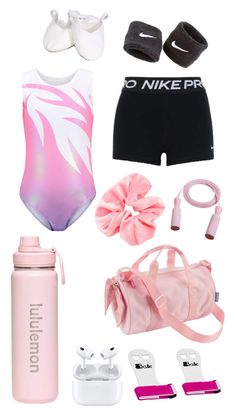 the contents of a pink and white swimsuit are laid out