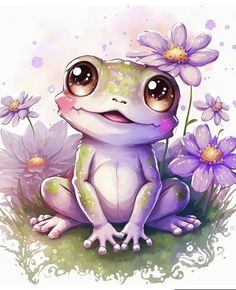 a frog sitting in the grass with purple flowers on it's back and eyes wide open