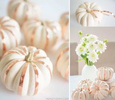 white pumpkins with gold stripes and flowers in a vase on a table next to them