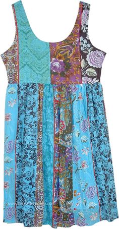 Turquoise Blue Multi-Floral Cotton Dress Repurposed Shirts, Clothing Recycling, Upcycled Couture, Recycled Clothes, Boho Patchwork, Patchwork Clothes, Blue Cotton Dress, Floral Cotton Dress, Hippie Look