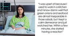 a woman sitting in a hospital bed with the caption'i was upset at because i used to work in a kitchen and i know damn well that green onions and seafood are