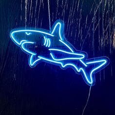 a neon shark sign hanging from the side of a building