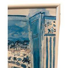 a painting with blue and white stripes on it's walls, in front of a cityscape