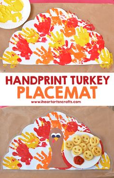 handprint turkey placemat for kids to make with paper plates and other crafting supplies