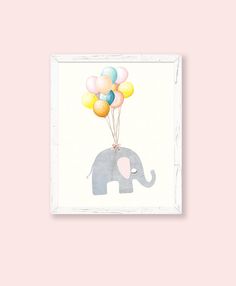 an elephant with balloons floating in the air on a pink background is framed by a white frame