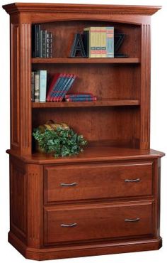 a wooden bookcase with two drawers and books