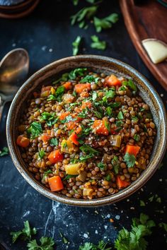 Lentil stew with chopped carrots and herbs in a brown bowl. Leeks And Lentils, Quick Green Lentil Recipes, Meals With Lentils Dinners, Pork And Lentils, Lentil And Rice Recipes, Lentil Rice Recipe, Healthy Lentil Recipes, Baked Lentils, Lentil Dinner