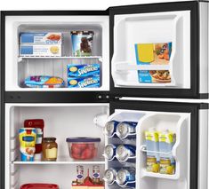 two refrigerators with the doors open showing food and drinks in containers on top of them