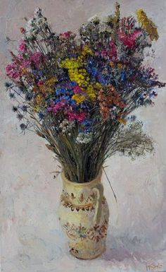 a painting of flowers in a vase on a table