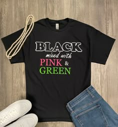 Attention Sorors...catch everyone's eye with this cute, comfy cotton tee. Black mixed with Pink and Green! Outfit With Jersey, Aka Apparel, Alpha Kappa Alpha Paraphernalia, Aka Paraphernalia, Aka Sorority Gifts, Aka Sorority, Alpha Kappa Alpha, Sorority Gifts