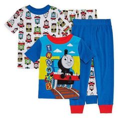 Thomas The Train 4 PC Short Sleeve Tight Fit Cotton Pajama Set  Boy Size 4T 100% Cotton Fits Snugly And Tightly Cotton Pajama Set, Cotton Pjs, Graphic Print Shirt, Thomas The Train, Cotton Pajama Sets, Thomas And Friends, Cuffed Pants, Cotton Pyjamas, The Train