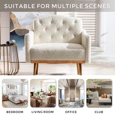 a living room, bedroom, and office area are featured in this ad for multiple scenes