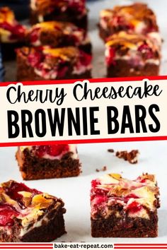 cherry cheesecake brownie bars with text overlay