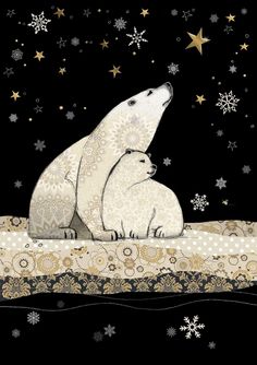 a polar bear and her cub are sitting on a blanket with snowflakes in the background