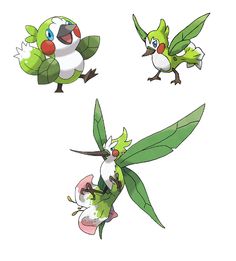 four different types of pokemons with green leaves on their backs and one is flying