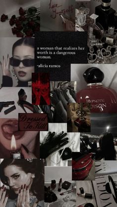 a collage of photos with words and pictures on them that include women's perfumes