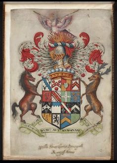 an old coat of arms with two deers and a bird on the front side