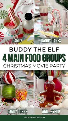 the four main food groups for christmas movie party with candy canes and candies