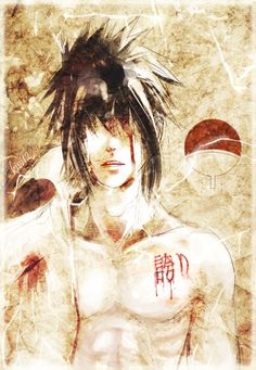 an anime character with long hair and blood on his chest, standing in front of a grungy background