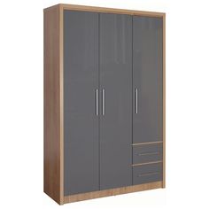 a grey and wood armoire with two drawers on the bottom, and one door open