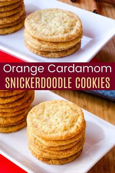 orange cardamon snickkerdoodle cookies are stacked on a white plate