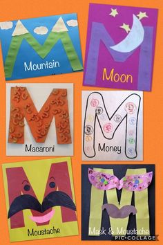 four different types of paper crafts with the letter m on them