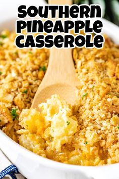 White casserole dish filled with fruit casserole. Pineapple Casserole With Ritz Crackers, Desserts Pineapple, Pineapple Cheese Casserole, Pineapple Casserole Recipe, Casserole With Ritz Crackers, Pineapple Cheese, Meat And Potatoes Recipes, Pineapple Sugar, Pineapple Casserole