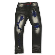 a pair of black jeans with blue and white paint splattered on the side