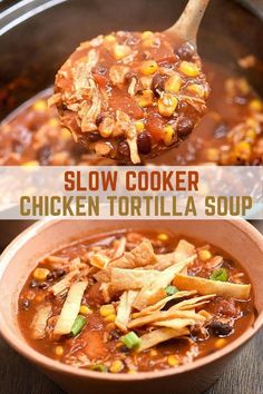 slow cooker chicken tortilla soup in a bowl with a ladle full of the soup