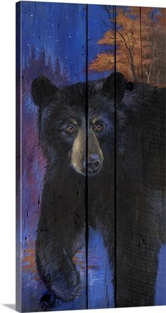 a painting of a black bear on a wooden fence with the words art com written below it