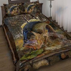 a bed with two fish on it in a room