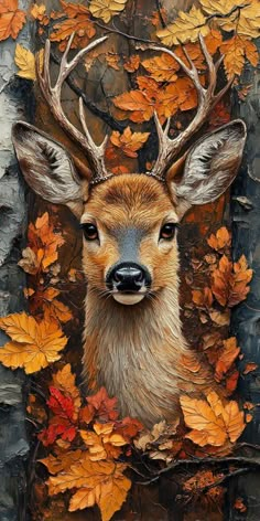 a painting of a deer surrounded by leaves