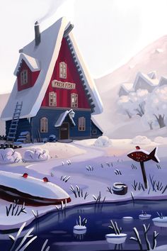 a painting of a red and blue house with snow on it's roof next to a lake