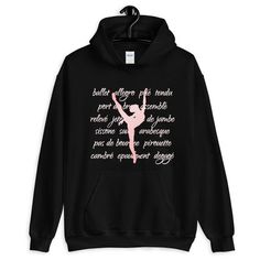 a black hoodie with the words ballet and a pink ballerina silhouette on it