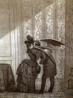 an old black and white drawing of two people standing in a living room, one holding an umbrella