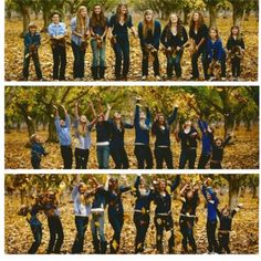 four different pictures of people posing in the woods with their arms up and hands raised