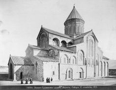 an old black and white photo of people standing in front of a building with two towers