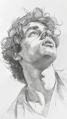 a black and white drawing of a man with curly hair looking up to the sky